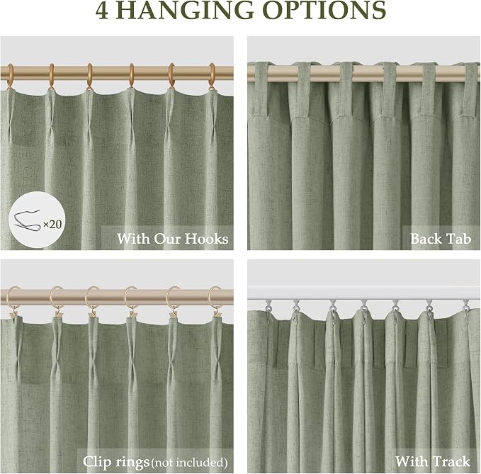 Sage Green Pinch Pleated 102 Inch Curtains 2 Panels for Living Room Green Linen Curtains 102 Inches Long Pinch Pleat Drapes for Track System Light Filter Semi Sheer Curtain for Dining Bedroom Office