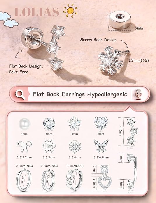 LOLIAS Hypoallergenic Flat Back Earrings for Women Girls-Surgical Stainless Steel Earrings for Sensitive Ears-Cute Flatback Stud Earring Set Small Hoops Cartilage Earring Stacks