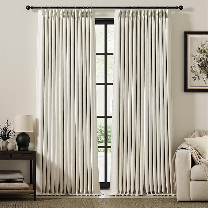 IVAPUPU Natural Pinch Pleated Full Blackout Curtains Linen Blend Room Darkening Window Curtains 96 inch 2 Panel for Living Room Bedroom Thermal Insulated Thick Curtain Drapes with Hooks 40''Wx96''L
