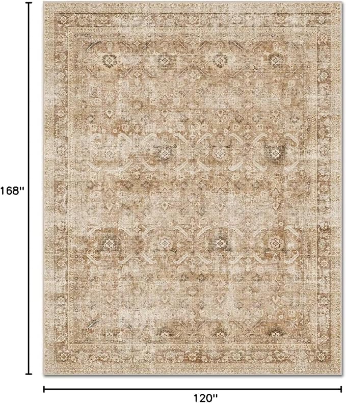 Boho Washable 10x14 Area Rugs for Living Room, Cushioned, Brown | Vintage Non-slip Neutral Oriental Rugs for Bedroom Dining Room Nursery Office High Traffic Area