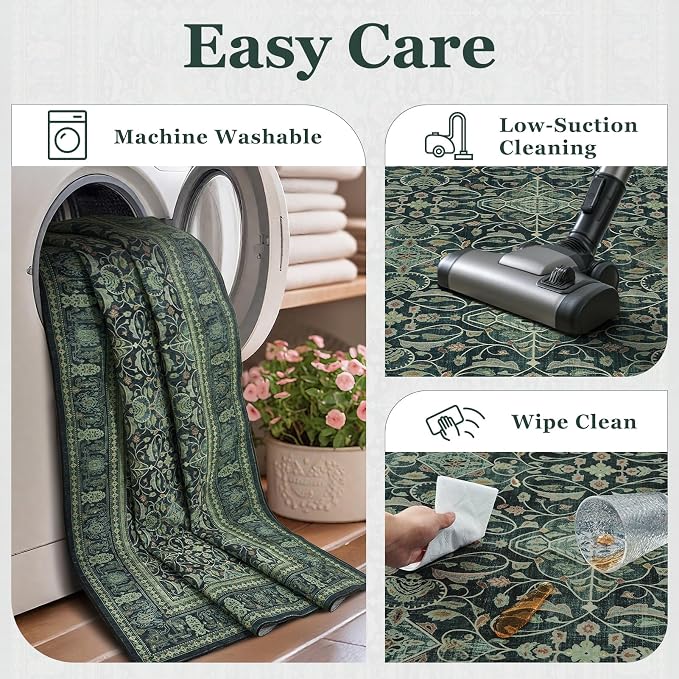 Dark Green 6x9 Area Rugs Washable, Vintage Boho Floral Moroccan Pattern Printed Carpet Rug for Living Room Bedroom, Low Pile Thin Room Rug with Rubber Backing Non Slip for Dining Room Office