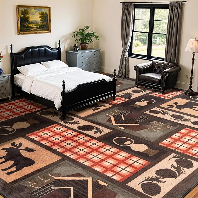 LIANLAM 6x9 Washable Area Rugs for Living Room and Bedroom(6x9,Deer) | Non-Slip Large Carpet,Vintage Checkered Pattern, Stain Resistant Faux Wool Low Pile Soft Rug for Dining Room,Office,Nursery