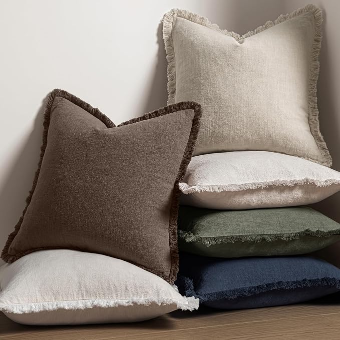 MIULEE Decorative Throw Pillow Covers Neutral Linen Fringe Throw Pillows Set of 2 Reddish Brown Boho Farmhouse Cushion Covers for Couch Sofa Bed Living Room Fall Home Decor 16x16 Inch