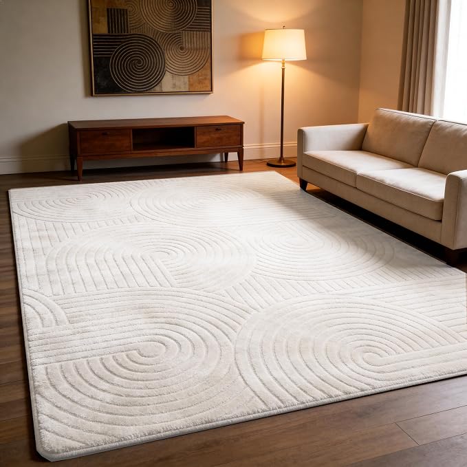 5x7 Cream Beige Area Rug - Washable Fluffy High-Low Pile Rugs for Living Room Bedroom, Modern Geometric Pattern, Non-Slip Textured Indoor Rugs for Nursery, Kids Room, Home Office