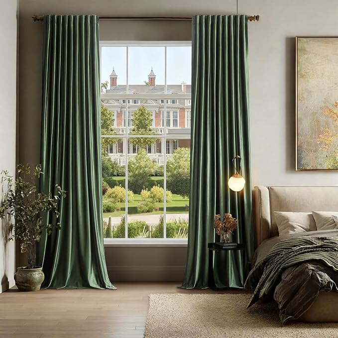 PRIMROSE Full Blackout Olive Green Velvet Curtains 102 inch Long for Living Room,2 Liner Rod Pocket Back Tab Thermal Window Curtains Room Darkening Heavy Decorative Curtain Drapes for Bedroom