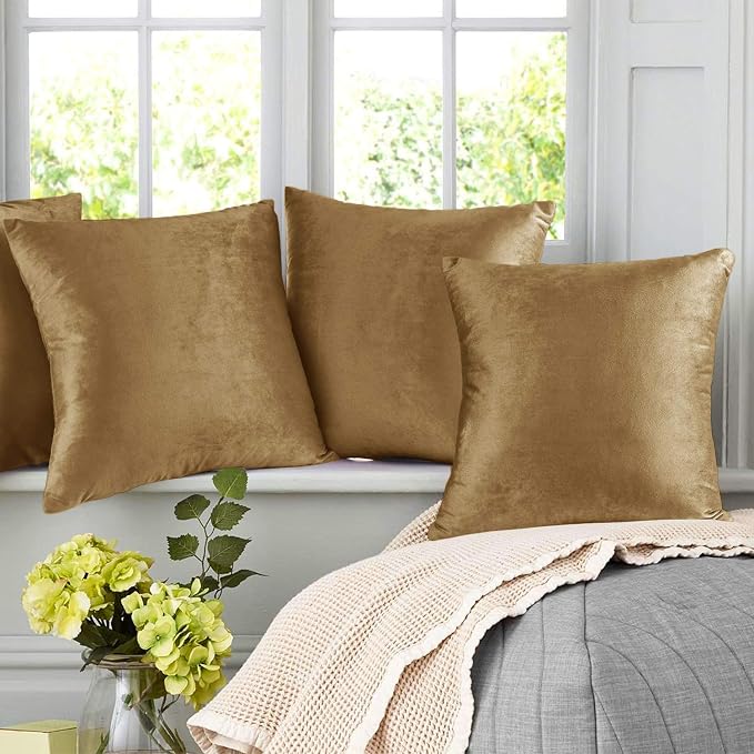 Nestl Throw Pillow Covers, Cozy Velvet Decorative Pillow Cases 24 x 24 Inches, Soft Solid Couch Pillow Covers for Sofa, Bed and Car, Set of 2 - Mocha Light Brown