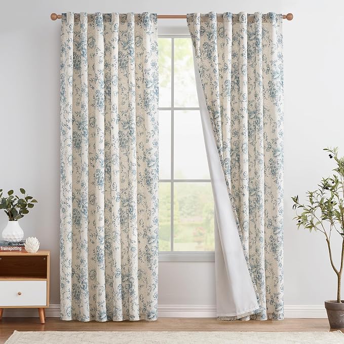 jinchan Blue Floral Linen Curtains Lined 84 Inch Vintage Back Tab 2 Panels | Privacy lining, light filtering drapes, vintage, cottagecore, french country, rustic, bedroom, living room, window treatment
