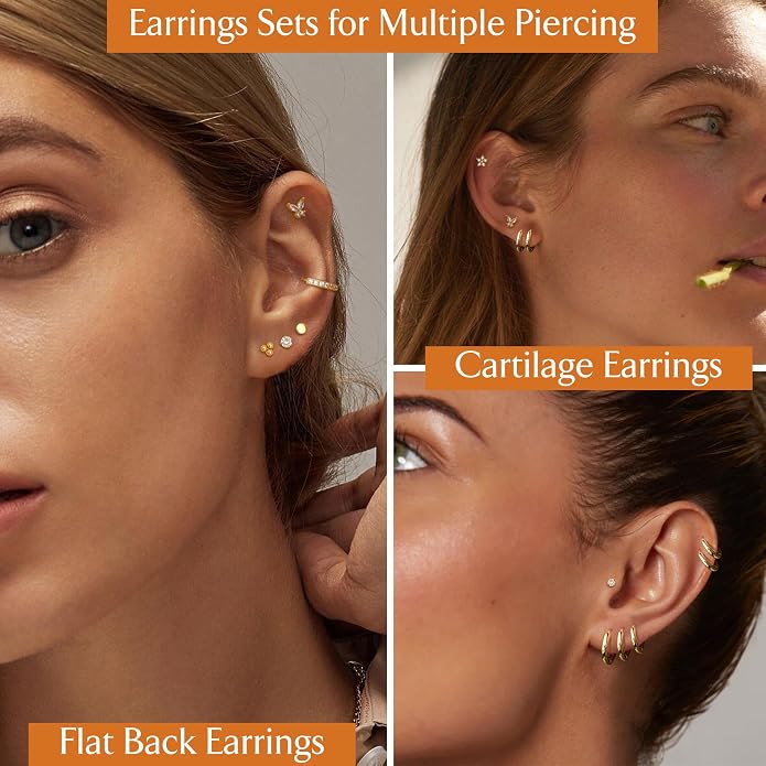Jstyle 24 Pairs Hypoallergenic Gold Earrings for Women Flat Back Earrings for Women Surgical Stainless Steel Earrings for Sensitive Ears Small Stud Hoop Cartilage Earring Stack Piercing Jewelry Set
