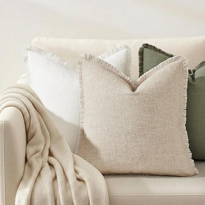 decorUhome Linen Fringe Natural Beige Throw Pillow Covers 24x24 Set of 2 | Euro Sham Decorative Soft Accent Modern Boho Farmhouse Cushion Covers with Tassels Cotton Pillow Covers for Couch Bed Sofa