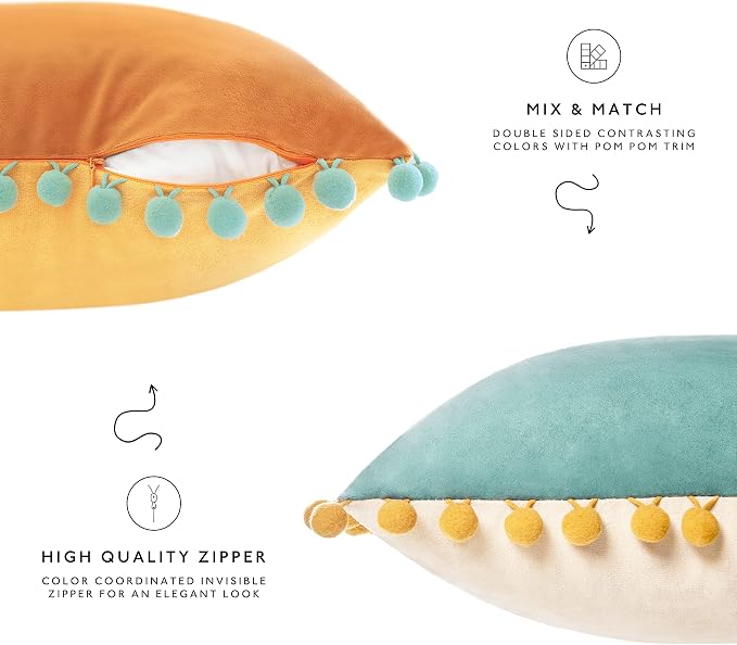 MONDAY MOOSE Decorative Throw Pillow Covers Cushion Cases, Set of 4 Soft Velvet Pom Poms Double-Sided Designs, Mix and Match for Home Decor, Pillow Inserts Not Included (16x16 inch, Orange/Teal)