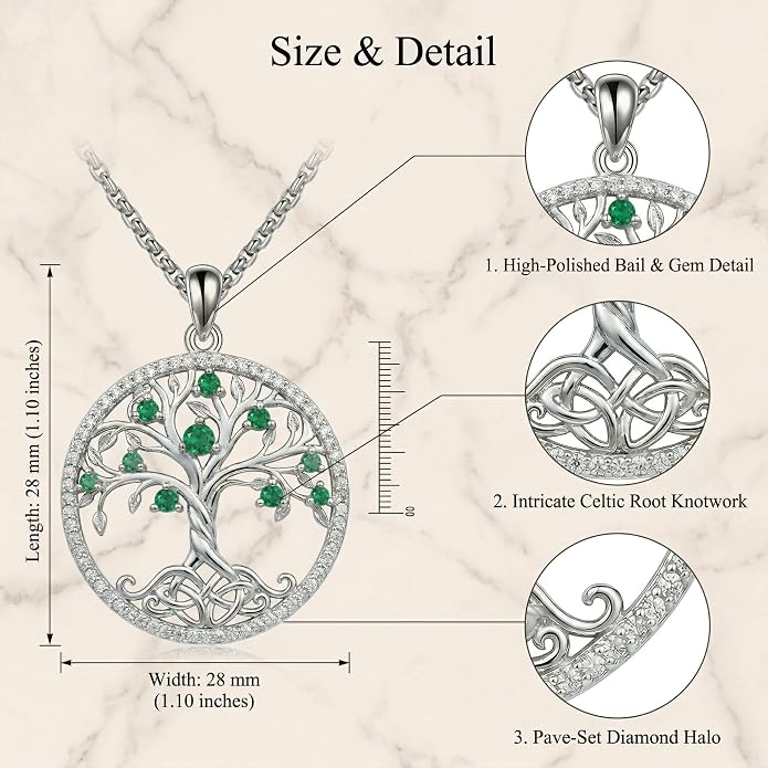 ONEFINITY Tree of Life Necklace 18k White Gold Plated Tree of Life Birthstone Pendant Necklace Birthstone Jewelry Anniversary Birthday Gifts for Women Men