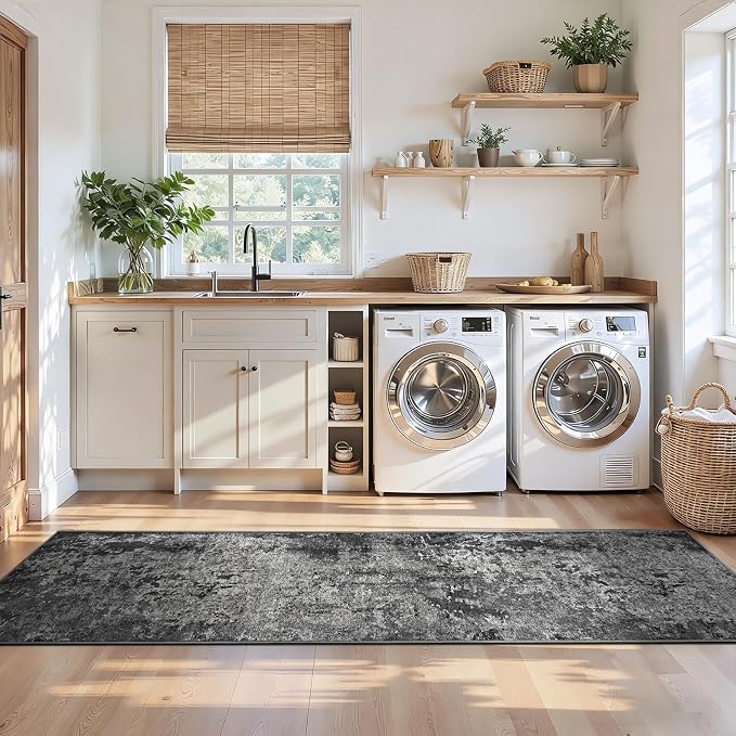 2x10 Black Rug Runners for Hallways Kitchen Runner Rug Non Slip Washable Black Long Runner Rugs with Rubber Backing Soft Abstract Carpet Runner for Bedroom, Kitchen, Bathroom, Entryway