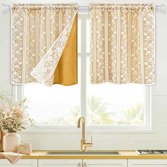 ASPMIZ Linen Kitchen Curtains Double Layer Kitchen Window Curtains Over Sink 24 Inch Mustard Yellow Tier Curtain Light Filtering Rod Pocket Cafe Curtain Short Window Treatments with 2 Tiebacks, 26x24