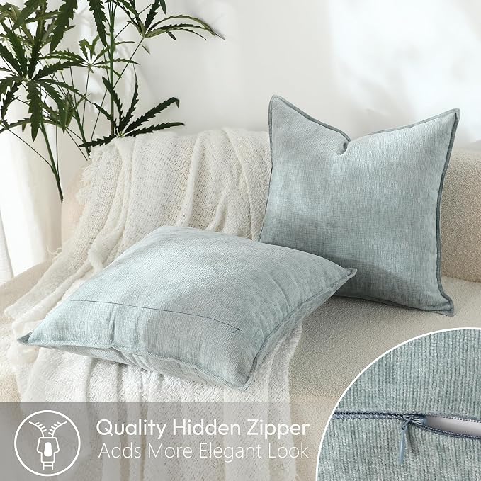 Stellhome Soft Decorative Chenille Pillow Covers 18x18 Inch Natural Aqua Haze Boho Farmhouse Neutral Couch Throw Pillows for Bed Pack of 2 Accent Modern Pillowcase Sofa Livingroom Home Decor