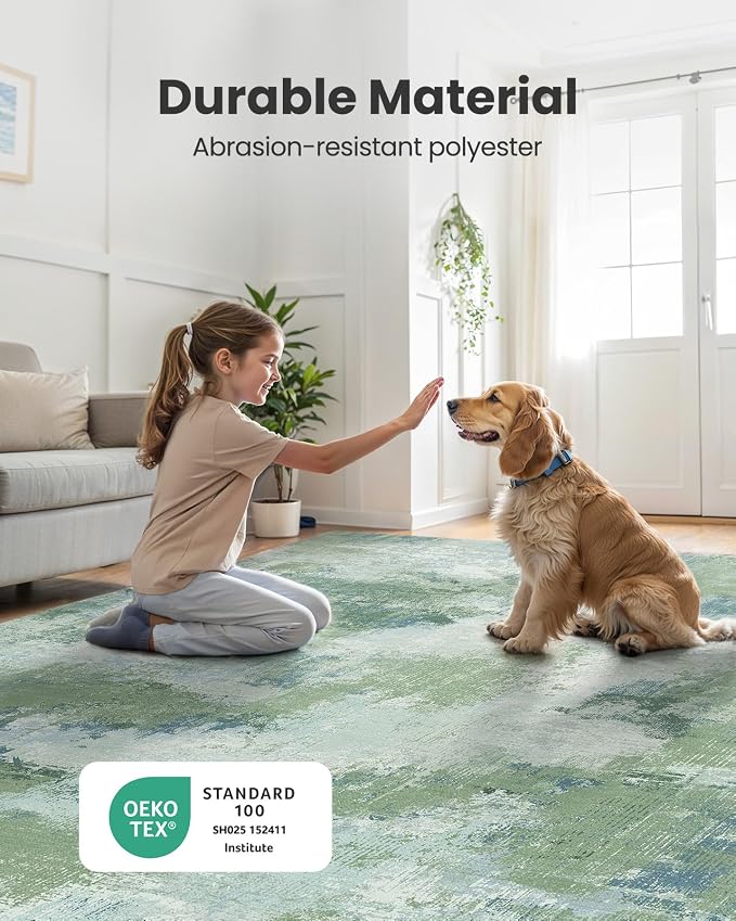 AMADA HOMEFURNISHING 10x14 Area Rugs for Living Room, Modern Large Area Rugs with Non-Slip Backing & Low Pile, Neutral Soft Washable Rug for Large Bedroom Dining Room Nursery Office, Green