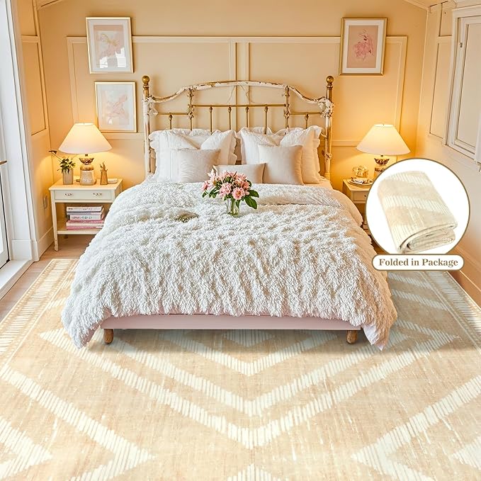 Boho Washable Area Rugs 6x9ft for Living Room, Beige Cream Thin Bedroom Rugs Non Slip, Modern Trellis Soft Kids Nusery Floor Carpets for Dining Room Playroom Home Office Decor