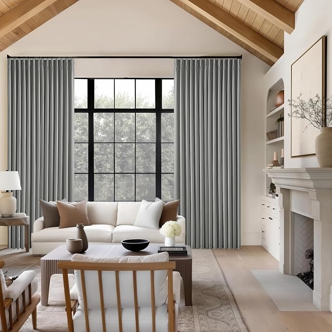 Grey Pinch Pleated 100% Blackout Linen 80 Inch Window Curtains 2 Panels Set | Black Out UV Blocking Thermal Insulated, for Living Room Bedroom, Back Tab Pinch Pleat with Hooks Rings, W40xL80, Dark Gray