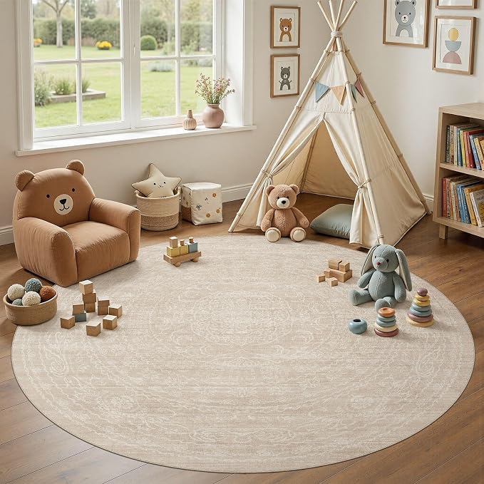 6ft Round Rug Living Room: Washable Large Vintage Neutral Area Rug Non-Slip Soft Stain Resistant Indoor Carpet for Bedroom Nursery Dining Room Under Table Bed Home House Office Playroom - Beige