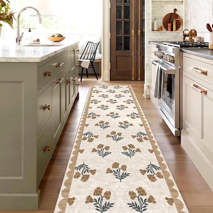 Non Slip Washable Hallway Runner Rug - 2.5x12 Extra Long Beige Kitchen Runner Rug Soft Boho Runners for Hallways Vintage Floral Scalloped Area Rug for Bedroom Entryway Foyer Stair Runner Decor