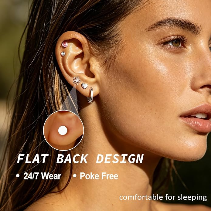 Hypoallergenic 14K Gold Stud Earrings Set for Women Surgical Stainless Steel Flat back Earrings Small Gold Huggie Hoop Earring for Sensitive Ears Screw Back Cartilage Piercing Jewelry