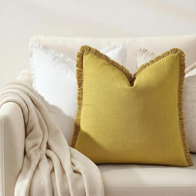 decorUhome Linen Fringe Mustard Yellow Throw Pillow Covers 16x16 Set of 2 | Decorative Soft Accent Modern Boho Farmhouse Cushion Covers with Tassels Cotton Pillow Covers for Couch Bed Sofa