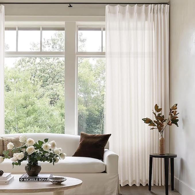 72x105 Extra Wide Extra Tall Pinch Pleated Linen Curtains Semi Sheer | Custom, Memory Trained, Privacy Drapes, for Living Room, Neutral Elegant, Floor to Ceiling Curtain, Hooks Rings, Back Tab