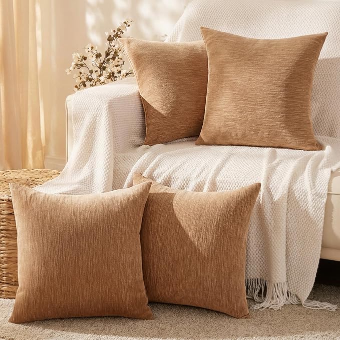 Set of 4 Brown Throw Pillow Covers 20x20 Inch, Neutral Boho Farmhouse Aesthetic Decorative Pillow Cases for Couch, Sofa, Living Room & Bed, Soft Chenille Pillow Cases, Stylish Home Decor, 50x50 cm