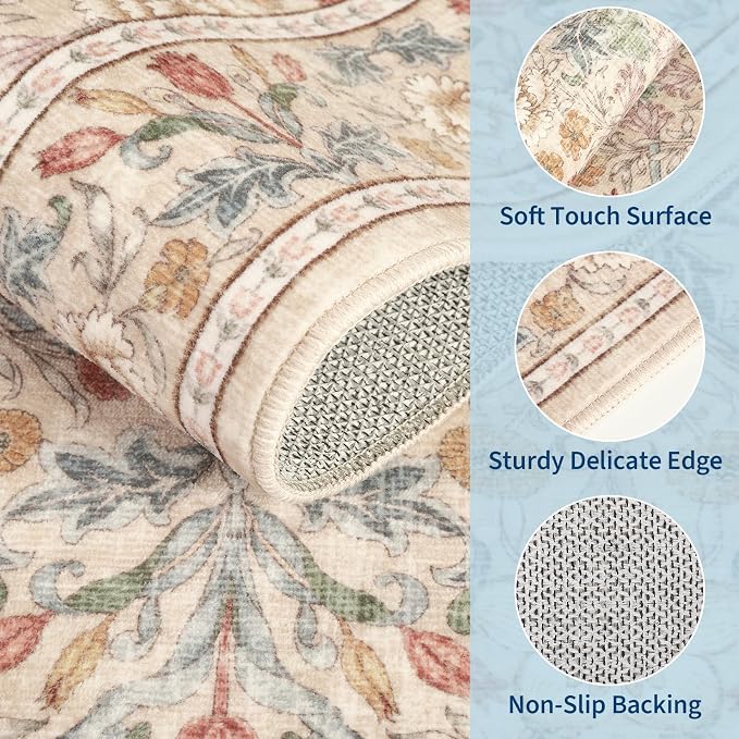 GarveeHome Large Area Rugs 9x12 for Living Room, Beige Floral Washable Rug Soft Non Slip Floor Mat Carpet Indoor Thin Accent Rug for Bedroom Dining Room Playroom Nursery Home Decor