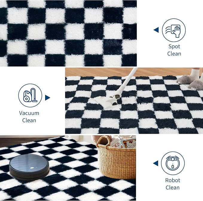 Garvee Checkered Rug 8x10 for Living Room, Modern Plush Shag Rug Washable Non-Slip Large Area Rug Super Soft Indoor Fuzzy Carpet Fluffy Rugs for Bedroom Home Aesthetic Decor,Blue-White