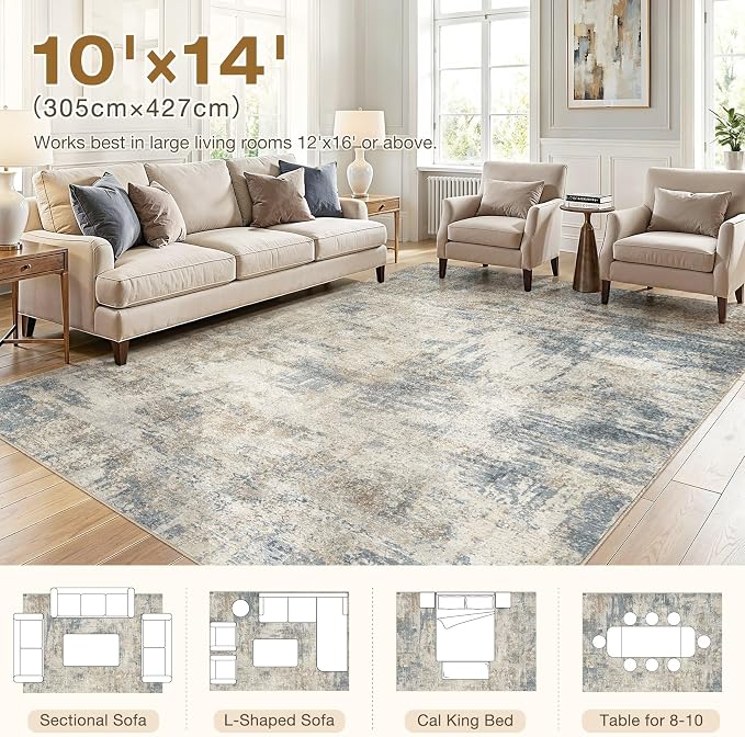 cotiled 10x14 Area Rug Abstract Soft Non Slip Washable Rugs for Living Room | Stain Resistant, Robot Vacuum & Pet Friendly, Low-pile, For Living Room, Bedroom, Dining Table, Nursery Light Blue