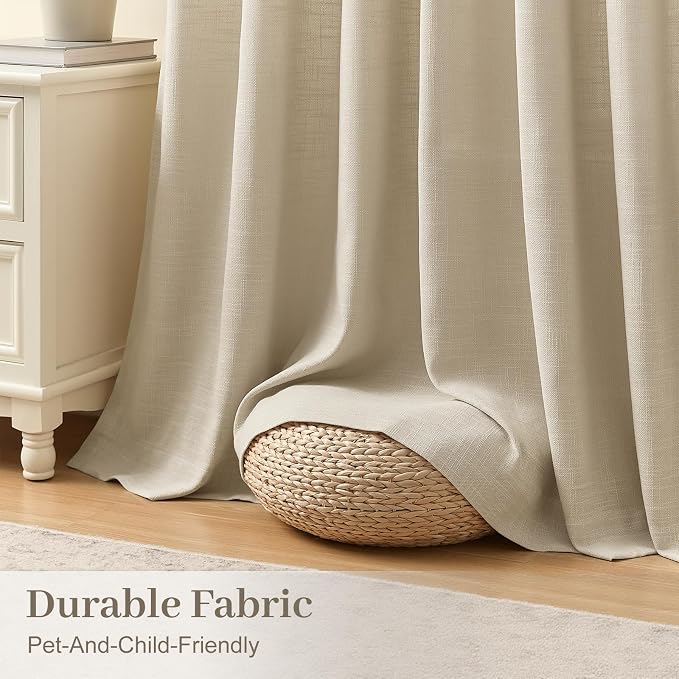 IVAPUPU Extra Wide Pinch Pleated Linen Curtains for Living Room, Light Filtering Privacy Memory Training Semi Sheer Pleated Curtain with Hooks Rings Back Tab Drapes, 70Wx96L, Sand Beige, 1 Panel