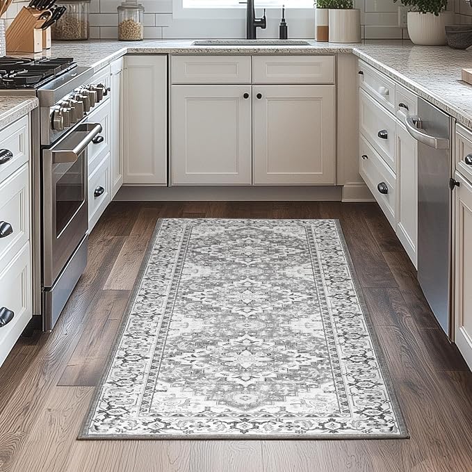 Lessymo 2 x 6 Runner Rug for Hallway, Machine Washable Entryway Rugs Boho Faux Wool Low Pile Long Rug for Bedroom, Floral Medallion Vintage Rugs with Non-Slip Rubber,Grey Beige