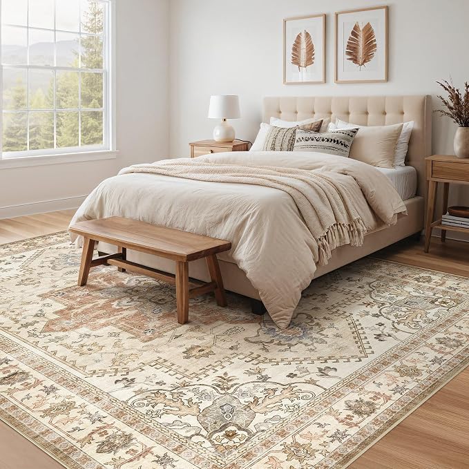 Tortania Area Rug Living Room Rugs - 8x10 Washable Boho Rug Vintage Oriental Distressed Farmhouse Large Thin Indoor Carpet for Living Room Bedroom Under Dining Table Home Office - Rust/Cream