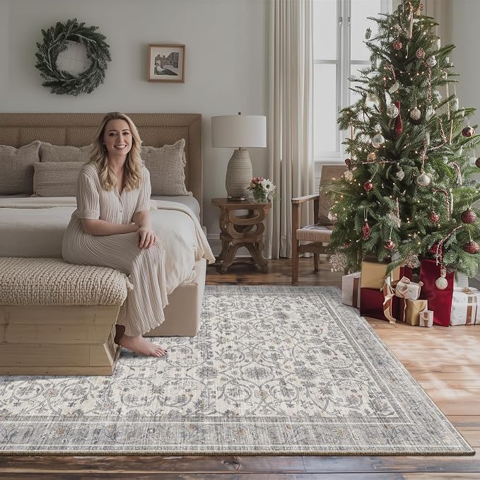 Washable Rugs for Living Room: 6x9 Area Rugs for Bedroom Ultra Soft Non-Slip Stain Resistant Vintage Boho Large Carpet for High-Traffic Dining Room - Farmhouse Decor