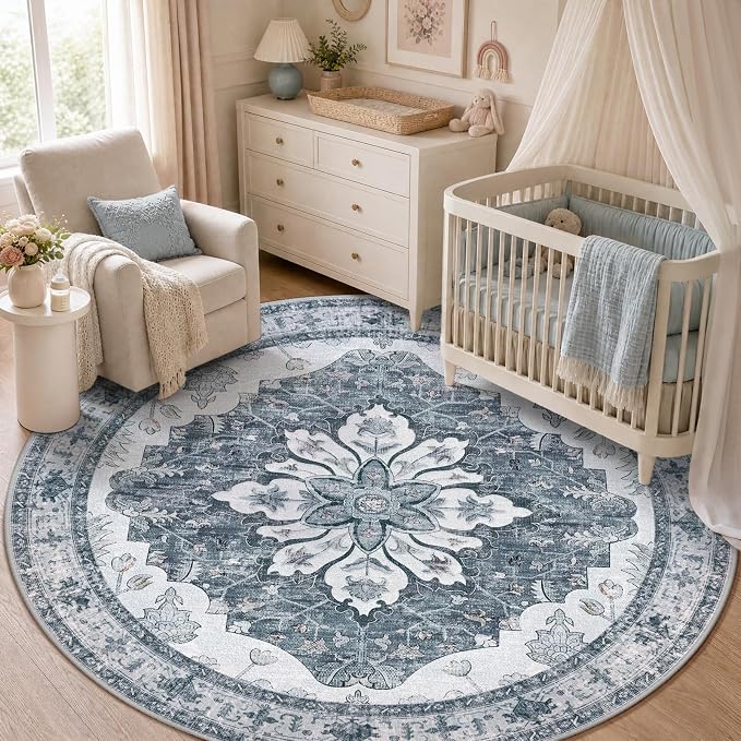 RELEANY Area Rugs Round 5ft Washable Non-Slip, Floral Vintage Distress Medallion Carpet for Living Room Bedroom Dining Room, Light Gray Grey White