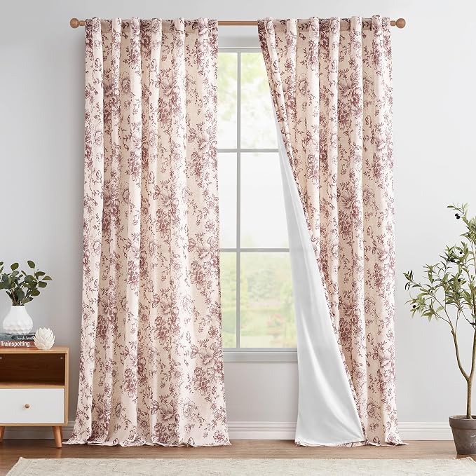 jinchan Red Floral Linen Curtains Lined 96 Inch Farmhouse Back Tab 2 Panels | Privacy lining, light filtering drapes, vintage, cottagecore, french country, rustic, bedroom, living room, window treatment