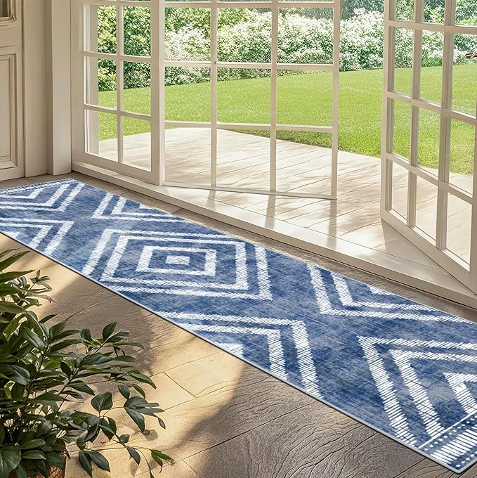 2x10Ft Boho Hallway Runner Rugs Non Slip, Blue Geometric Washable Rug Runners for Kitchen, Soft Low Pile Modern Farmhouse Entryway Floor Carpets for Entrance Doorway Bedroom Home Decor