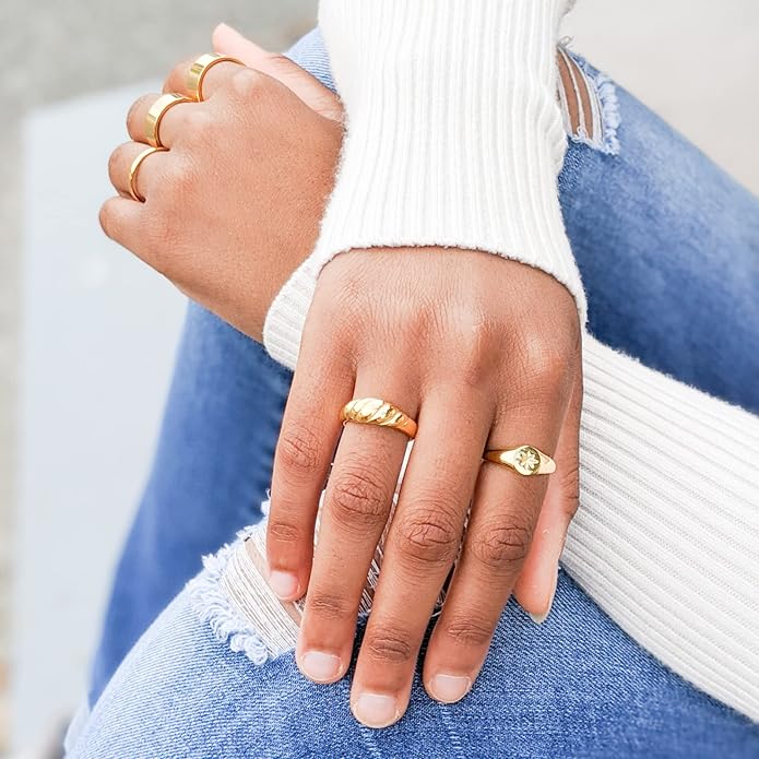 18K Gold Plated Women's Starburst Signet Ring - Minimalist Mother of Pearl Statement Piece