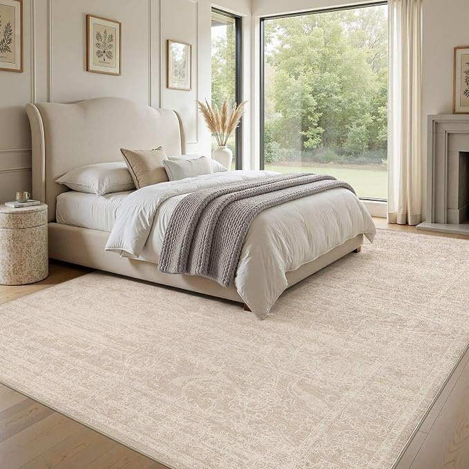 Nakagishi 6X9 Area Rugs Living Room:Washable Large Vintage Rug Neutral Non-Slip Soft Stain Resistant Indoor Carpet for Bedroom Nursery Dining Room Office Playroom