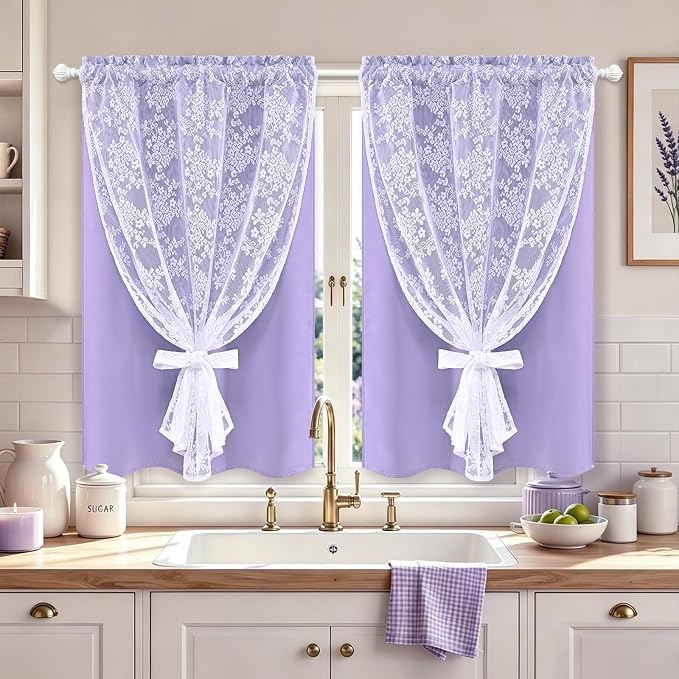 Yinhua Purple Kitchen Curtains 36 Inch Length Double Layer Blackout Curtains with Floral Sheer Overlay Rod Pocket Short Curtain for Windows, Small Window Curtain for Bathroom, Living Room, 2 Panels
