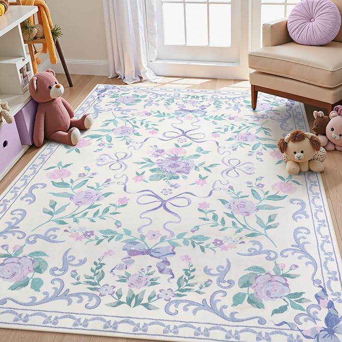 Collive Purple Rugs for Bedroom Girls, 4x6 Boho Floral Washable Area Rug Non Slip, Soft Indoor Decor Elegant Carpet for Kids Room Nursery Living Room Dining Room (Purple 4' x 6')