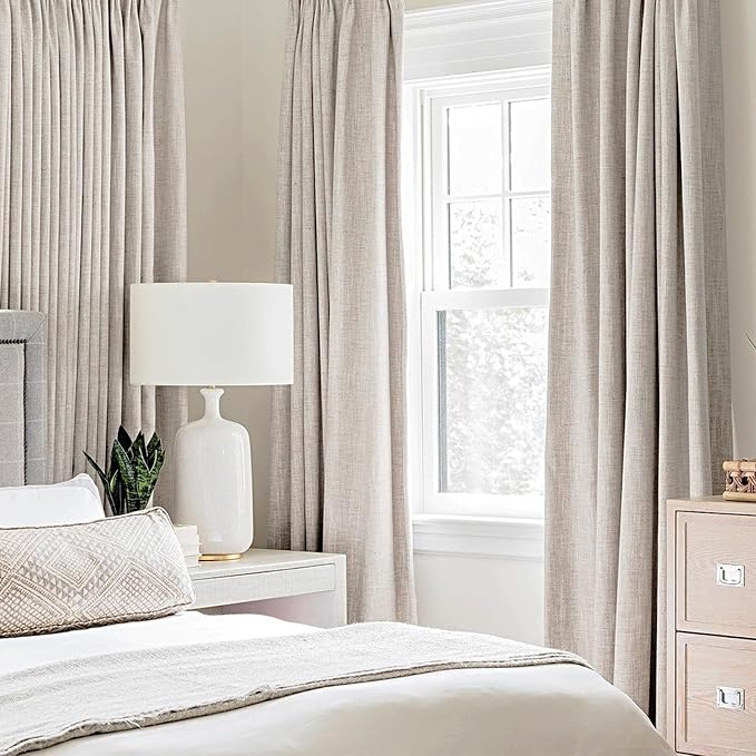 MIULEE 100% Blackout Linen Textured Curtains for Bedroom Solid Thermal Insulated Ivory Grommet Room Darkening Curtains & Drapes Luxury Decor for Living Room 52 x 92 Inch (2 Panels)
