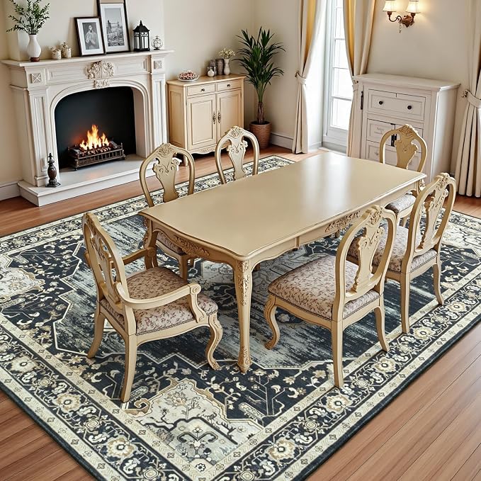 Lofus 5x7 Washable Rugs Non-Slip, Vintage Floral Area Rug for Living Room Bedroom Dining Room Kitchen, Low Pile Distress Print Medallion Carpet Home Decor Rug, Black Beige