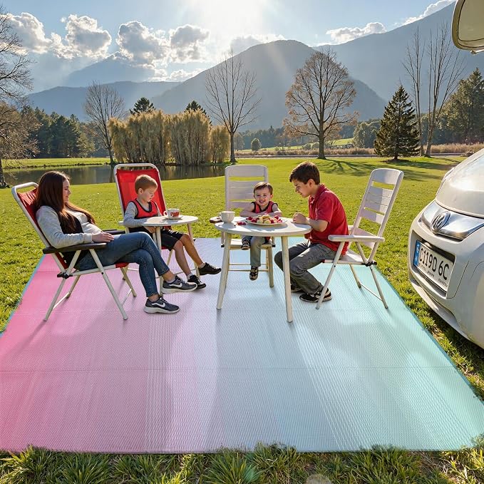 Lahome Large Outdoor Rugs 9x12 Waterproof, Modern Reversible Indoor Outdoor Patio Rug, Plastic Straw Portable Outside Camping Mats for Balcony Tent Floor Decor, Pink Green 9'x12'