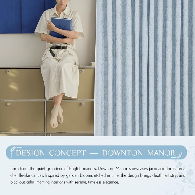 Beauoop Blue Floral Jacquard Blackout Curtains for Bedroom 52x120 2 Panels | Flower Chenille Room Darkening Drapes for Living Room 120 Inch Long Thermal Insulated Soundproof Window treatment Grommet