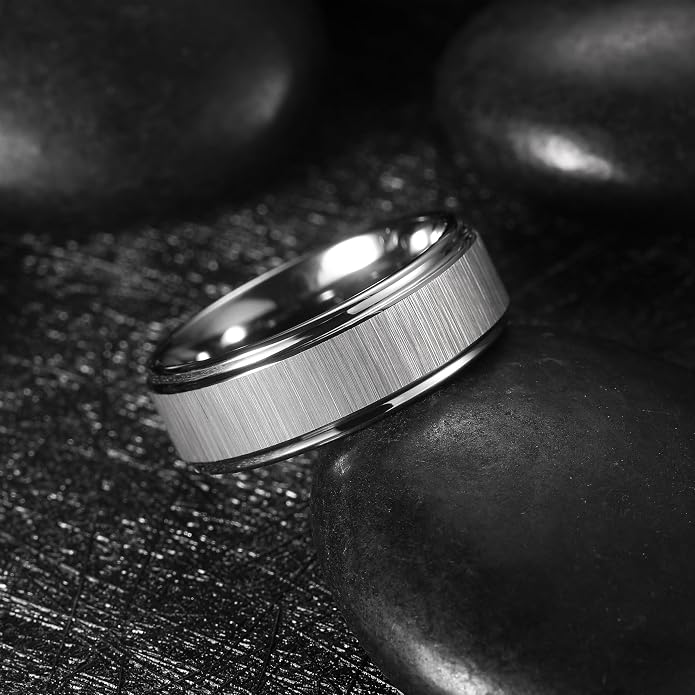 King Will Classic Tungsten Carbide Ring Brushed Two Grooved Center Hammered Design Mens Wedding Band for Men