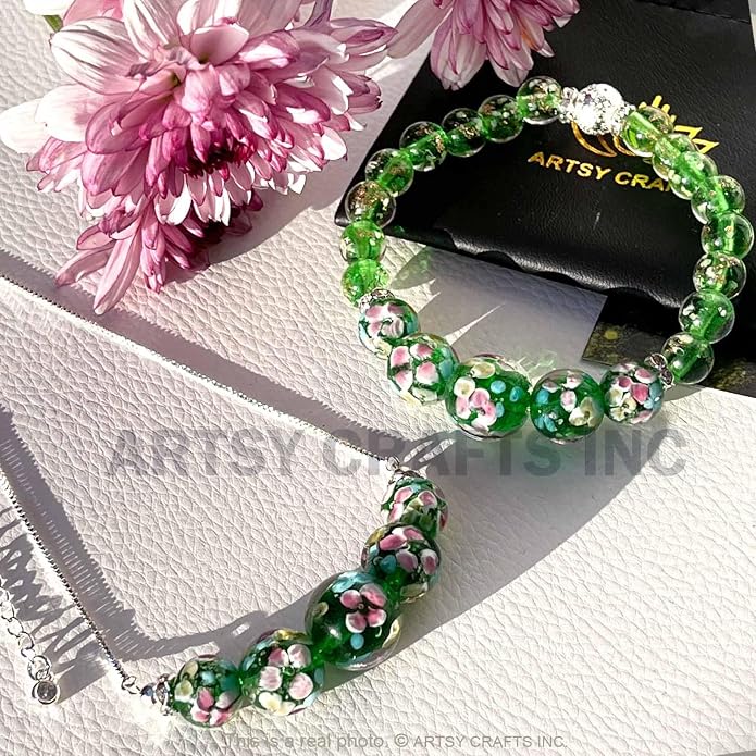 ARTSY Crafts Lily Garden Glow in the Dark Firefly Bead Bracelets Necklaces, Handmade in USA Murano Glass Jewelry, Flower Luminous Beads Mermaid Crystal Bracelet Bangle