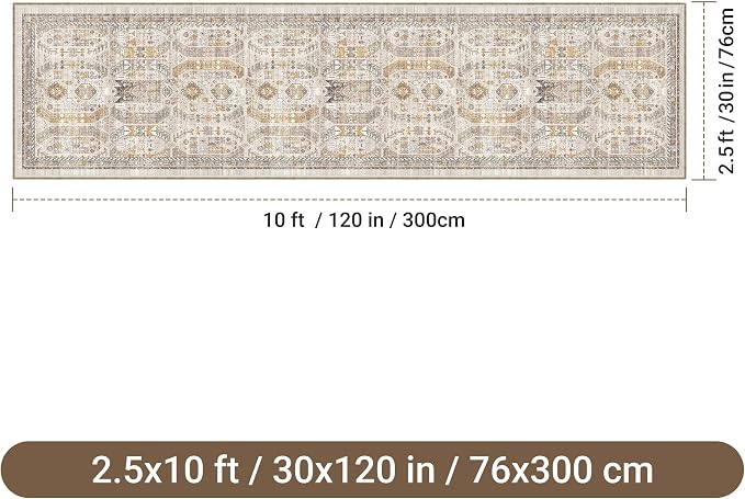 2'6" x 10'Non Slip Runner Rugs - Runners for hallways, Kitchen,Entryway,Stain Resistant Washable Rugs for Bedroom, Indoor Vintage Area Rugs (Brown/Gold,2'6" x 10')