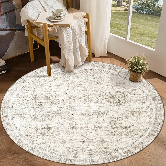 Sasttie Round Rug 4ft, Ultra-Soft Washable Circle Rug, Low Pile Foldable Thin Carpets with Non-Slip Backing, Skin-Friendly Stain Resistant Carpet for Living Room, Bedroom, Kitchen, Dorm, 4ft, Beige
