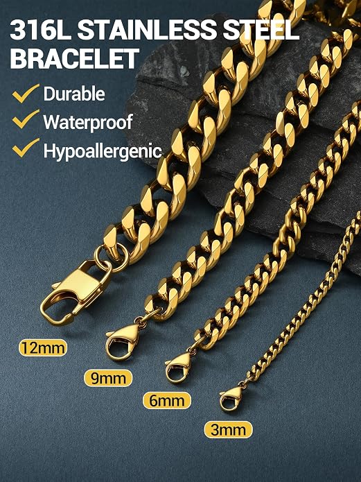 PROSTEEL Stainless Steel Bracelets for Men Women, Gold/Silver/Black, Cuban Link Bracelet Adjustable, Jewelry with Gift Box